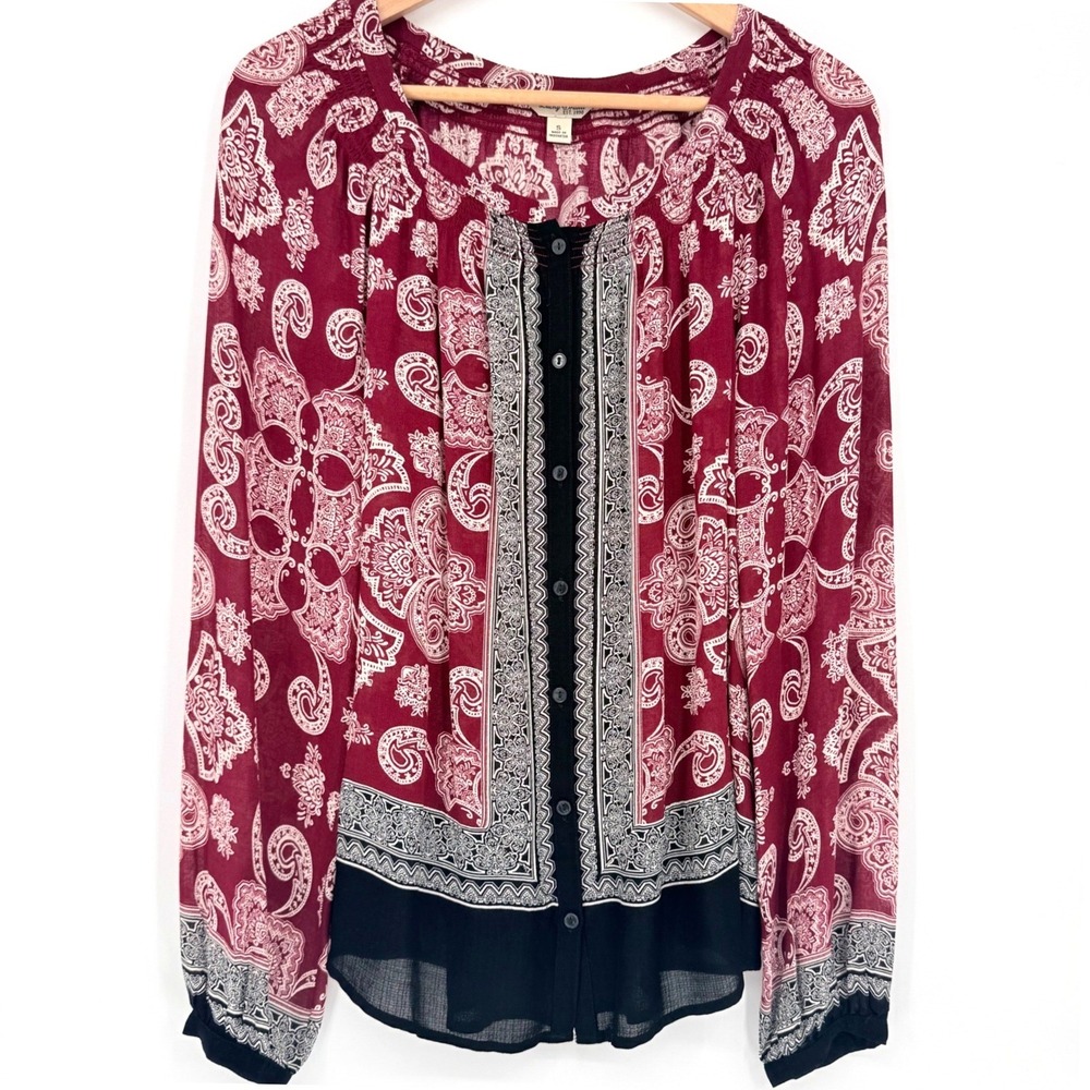 Lucky Womens Red Paisley Southwestern Smocked Button Front‎ Peasant Blouse Small